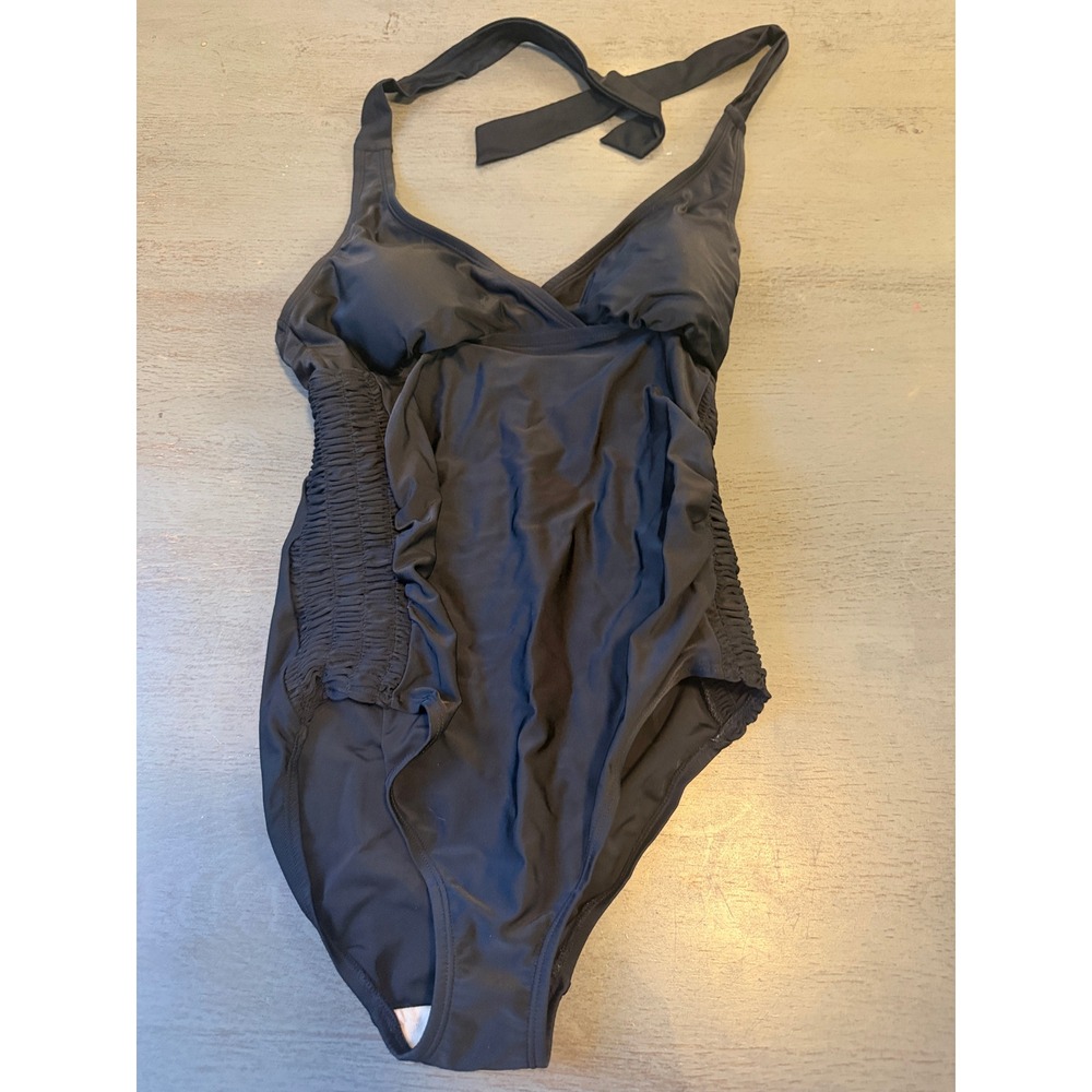 Beach Bump Motherhood Maternity Black Halter Ruched One Piece Swimsuit XS